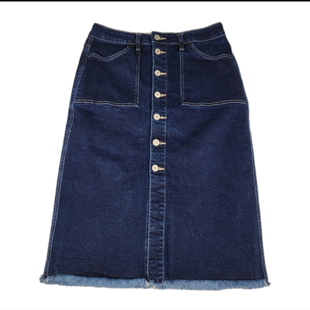 KanCan Womens Raw Hem Midi Denim Button Front Skirt Medium Front Pockets Boho